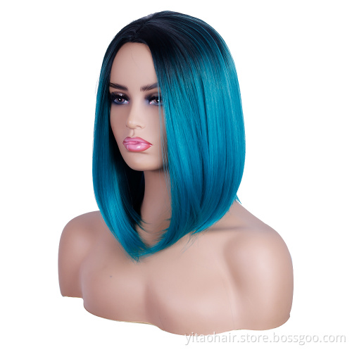 Wholesale cheap anime party gradient black to blue bob short straight synthetic shoulder-length hair cosplay wig